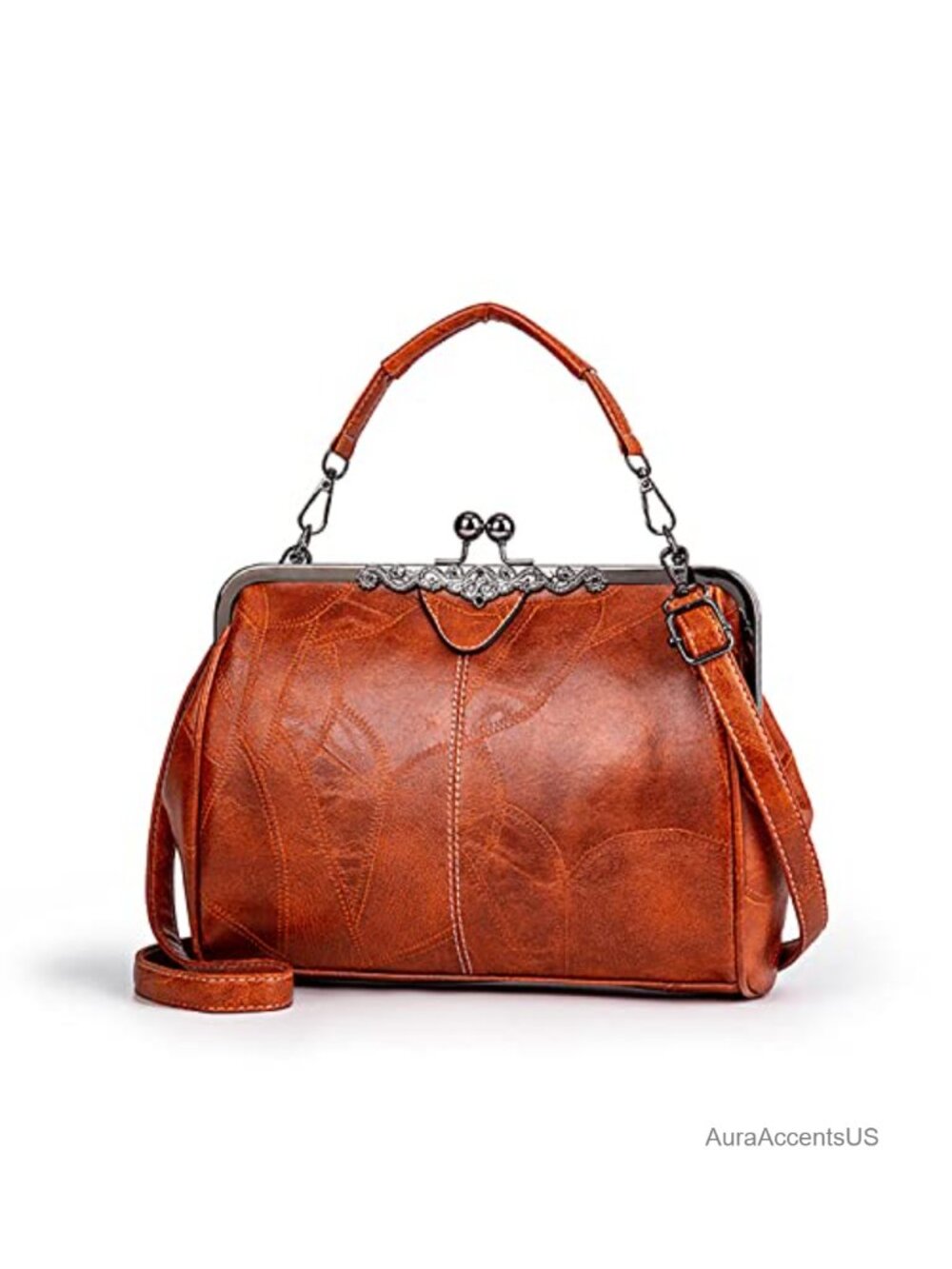 Vintage Faux Leather Kiss Lock Crossbody Satchel Handbag